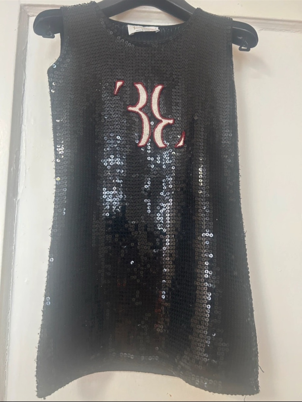 Fancy Black Sequin Shift Dress with Red Logo Accent ( made in Italy)